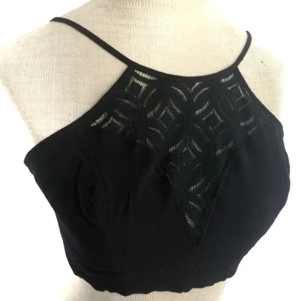 Hommage From Los Angeles Lace Inset Tie Back Crop Top in Black Size Medium - Picture 9 of 10